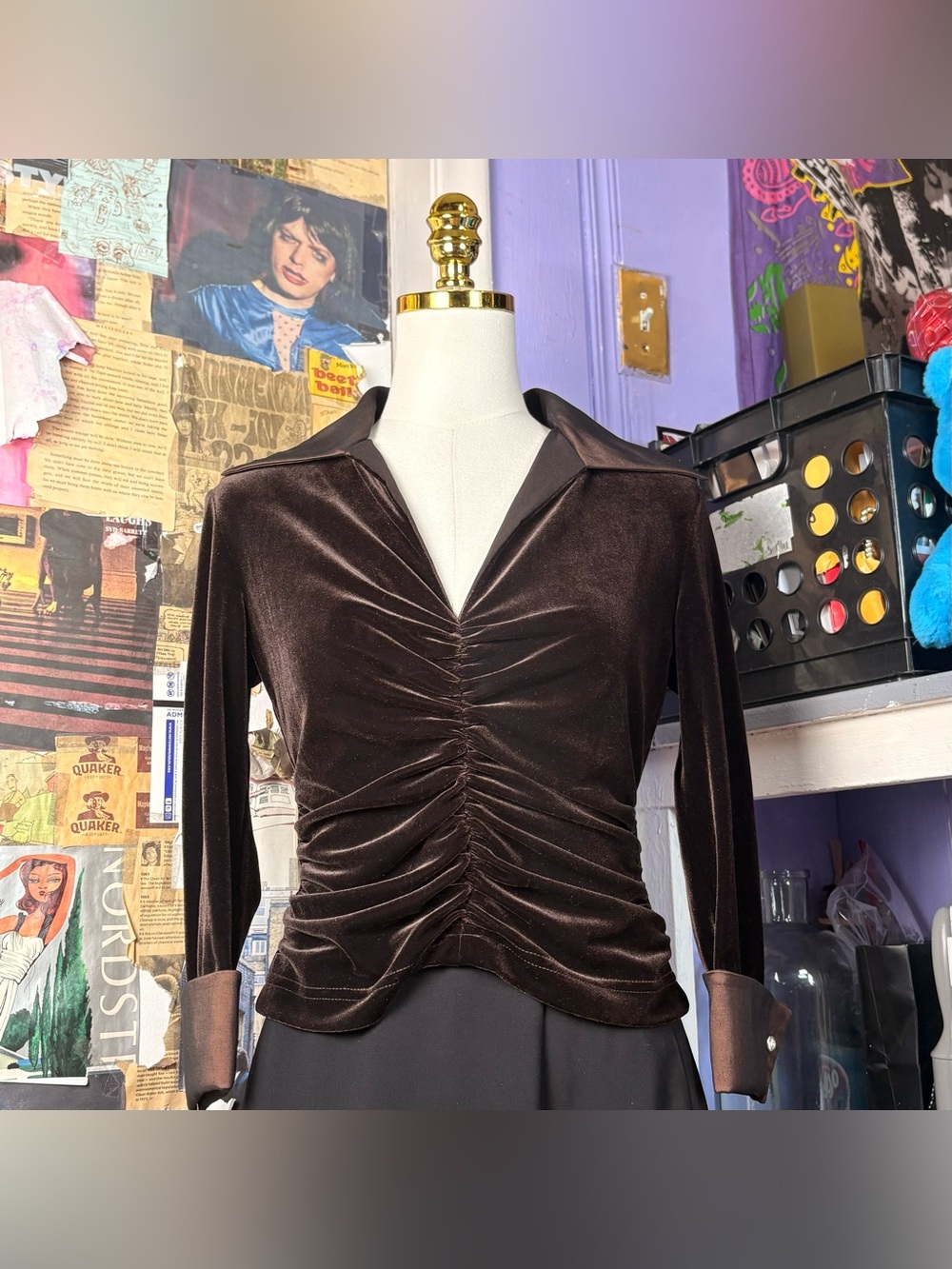 Y2K Brown Velvet Ruched Collared Top